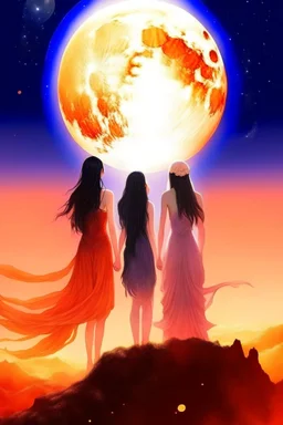 İki yakın arkadaş biri pembe ve diğeri mor elbise giyiyor sırt sırtalar ve önlerinde küçüklükleri var arkaplan olarak ay ve güneş karışımı bir gezegen