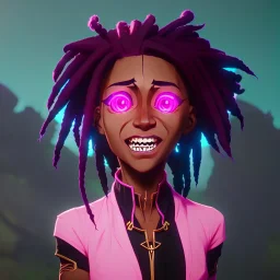 Ekari is a black girl with dreadlock hair big neon pink eyes smiling face