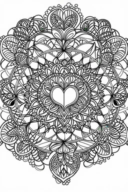 kids coloring page, mandala of flowers and hearts, cartoon style, thick lines, low detail, no shading