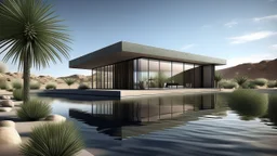 A striking architectural image of a contemporary house situated on the edge of a serene lake in a desert landscape. The house, inspired by Mies van der Rohe's minimalist design, features clean lines and a simple, yet elegant facade. Floor-to-ceiling glass windows offer a stunning view of the surrounding desert, with palm trees and cacti dotting the landscape. The reflection of the house in the calm waters of the lake adds to the overall sense of tranquility and harmony with nature.