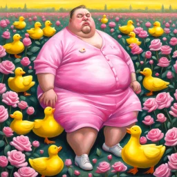 A fat man wearing a Balenciaga dress is sitting in a field of pink roses next to yellow plastic ducks and eating ice cream. 19th painiting