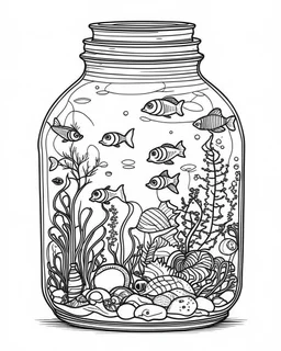 sea life in jar minimalistic, line art, background, vector, svg, coloring book page style, black outline on white background