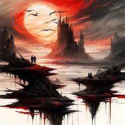 FLYING ISLANDS ON THE BACKGROUND OF A SCARLET SUNSET, dark tones, oil and pencils,, Raymond Swanland & Agnes Cecile