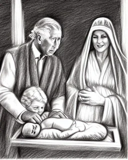 Prince Charles and Camilla in a nativity scene pencil and charcoal sketch