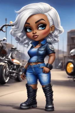 create an airbrush illustration of a chibi cartoon voluptuous black female wearing a blue jean outfit with biker boots. Prominent make up with hazel eyes. Extremely highly detail of a very low platinum blonde pixie haircut. Background of a bike show.