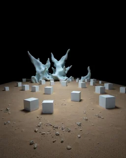 A photo of a dark, closed environment in a dark open space. There are white cubes scattered around the area. The surface below is sandy, with small accumulations of rocks. In the background, very sharp forms or structures are visible, some of which are white and blue and organic in appearance. The image has a glossy finish. The aspect ratio is 85:128 and the exposure value is 6.