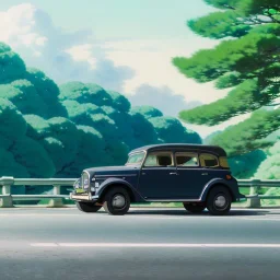 Clear sky with a old car on the road