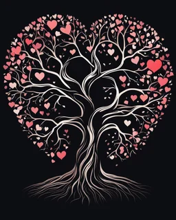 The tree is a heart that represents grace and beauty. Intense black background. Negative space, illustration, vibrant.