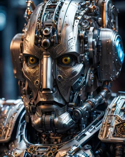 A hyper-detailed close-up view of a Cyberman mech in transformative style, his metallic skin gleaming with intricate textures and intricate details, captured in an ultra-realistic style that blurs the lines between reality and imagination.