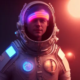 portrait, eternal cyberpunk style space suit, grunge, floating in space, sun burning bright in the background, neon light, 8k, 3d, blender