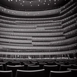 a close up view from stage of a single chair on stage under spotlight at a dark and empty symphony hall