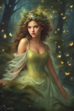 Painting of a dream girl in a fantasy forest, glitters in the forest background, haunted forest, digital painting, inspired by thomas kinkade, fantasy painting, dancing girl, song, fantasy art, fantasy girl, beautiful girl, beautiful face, young girl, beautiful painting, forest In the background, dark night, glitter in the background, fantasy forest, high quality, 4k