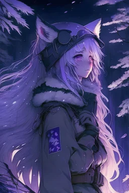 anime, girl, white hair, long hair, messy hair, purple eyes, ww2, ww2 costume, ww2 helmet, fox ears, fox tail, fox girl, snow night, cold, forest, dark night, dark sky