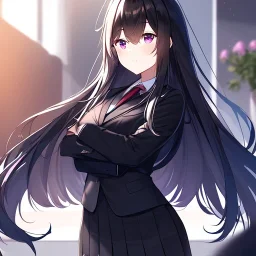 Clear focus,High resolution, Black long straight hair, Long bangs, and purple eyes, wearing a black suit, wearing a shirt is red, skirt is black, sleeve is white