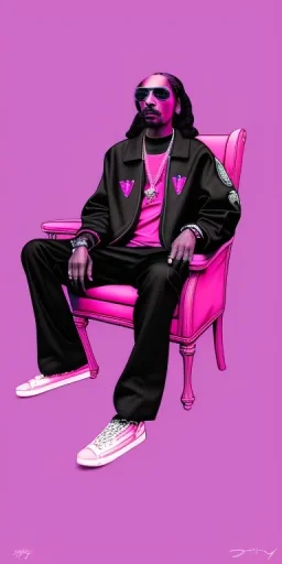 Snoop dogg, sitting. a chair. pink houses, pink sky, pink smoke, trees, outdoors. Groove street. 28mm