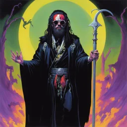 Art by Steve Rude: Elton John Zombie with black dreads and black wild beard as a fantasy necromancer holding a glowing black ram staff and wearing black magic robes