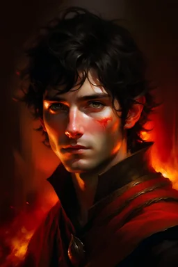 A young striking Lord Of The Rings like man with black messy hair and short beard, exuding an air of fierceness. His fiery eyes, red as fire, hint at mystery and power.