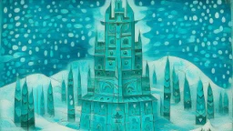 A cyan icy palace in a blizzard designed in pacific Northwest totem poles painted by Paul Klee