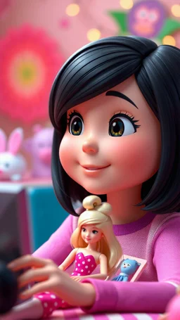 7 year old playing with barbie dolls . short black hair . A visually enchanting 4K photograph featuring a lovable, Pixar-inspired, expertly crafted in a whimsical and vibrant cartoon style. is masterfully rendered in a lifelike 3D design, which captivates viewers with there irresistible charm. The background is filled with warm, inviting colors and a 3D render, creating a cinematic.