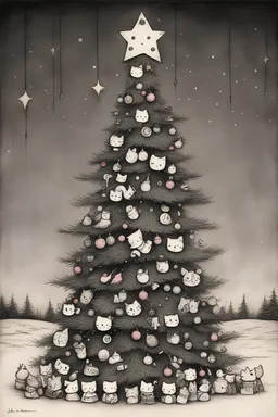 Christmas tree but with hello kitty heads as decorations, by <John Kenn Mortensen>,