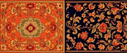 Traditional Pakistani Carpet Design With Intricate Details & Floral Patterns Using Colors Like (Golden, Orange, Red, Maroon, Gree, Brown, And Navy-Blue).