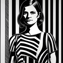 a black and white picture of a woman in a striped dress, a silk screen by Sarah Morris