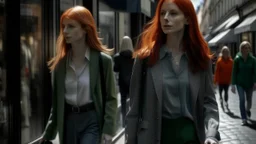 shoulder-length red-haired woman walking along a street full of shops, with a translucent woman following her