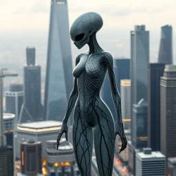 A transparent of a tall alien figure with black vein texture of human veins, mixing together a lot of them, making a shape of a woman, a big modern city with high status and towers in the background