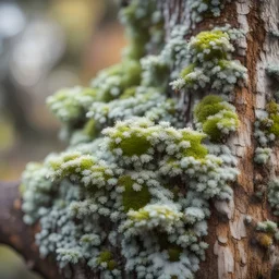 lichens ON A TREE TRUNK, CLOSE-UP, BLURRED BACKGROUND