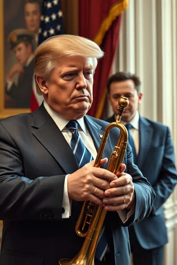 Trump holding and playing the Trump musical instrument , Elan Musk is standing in the background , traditional si, studio photograph, very aesthetic, highly detailed, brilliant composition, hyper realistic, photorealistic, subsurface scattering matt painting