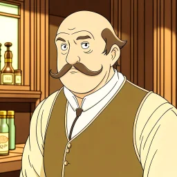 A fat balding Italian man with mustache in a tavern anime