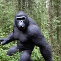 huge giant upright human hybrid gorilla, grey black, destroying a tree in forest, bigfoot, angry, big muscles