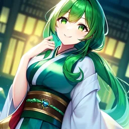 girl, masterpiece, best quality, volumetric lighting, detailed outfit, perfect eyes, long hair, green hair, green eyes, obi, low ponytail, smile,