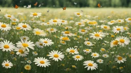 Daisy meadow full of butterflies flying around.