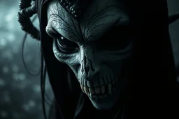 Darkness is sometimes a moment of gate into another dimension. The shadows rising from the depths are not merely terrifying; they are the offspring of our minds, shapes the unknown . darkness in my soul looking me, close up crepy portrait from crepy queen of darkness, black eyes, death woman-like creature phantom, portrait, shadows, dark, surreal, thiller, background storm in vortex, onix, bones, marble, etheral, intricate details, sharp focus, dark fantasy