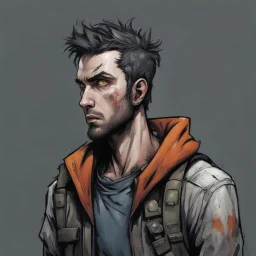 man,, looking serious, comic book, post-apocalypse, grey background