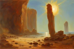 sunny day, planet in the sky, rocks, cliffs, sci-fi, friedrich eckenfelder impressionism paintings