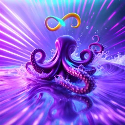 infinity symbol ∞ with vibrant powerful octopus jumping out of the water, striking, neon, chiaroscuro, dramatic, captivating, powerful, fantasy, beautiful, octane render, 16k post-production, artstation: award-winning: atmospheric: commanding: fantastical: clarity: ultra quality: striking: brilliance: stunning colors: amazing depth; lens: f/11, 35mm