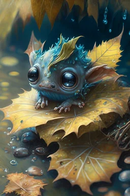 cute tiny ocean demon sitting on a fallen leaf, intricately detailed, photorealistic, oil on canvas, trending on art station, high definition, hdr, cute, beautiful in sunshine