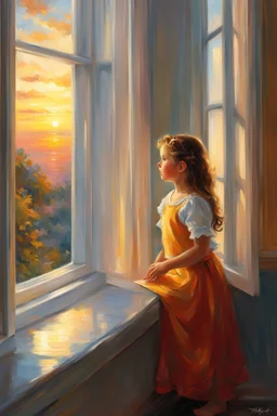 a painting of a little girl looking out a window, painting vladimir volegov, volegov, girl watching sunset, beautiful fantasy painting, dream scenery art, romanticism painting, tomas kinkade, the girl on a windowsill, gorgeous digital painting, gorgeous painting, beautiful digital painting, atmospheric painting, very beautiful digital art, breathtaking digital art, by Mark Arian