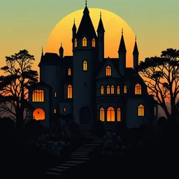 fait des maisons art deco dans le style de l'image,ruines,arbres noirs,cercles,coucher de soleil,chateau