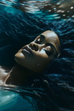 a beautiful woman, long curly black hair,closed eyes,coming from beneath the water,braking the surface with her face just coming out the water,looking up symbolism for breaking free. realistic,8k quality, action close shot from areal view,highly detailed , chaos 80