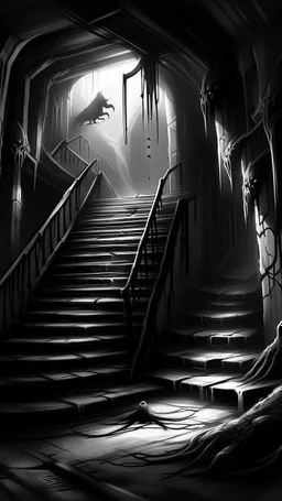 A stair from underground to a room with hooded creature standing at the top in the darkness reigns supreme, swallowing light and casting an eerie gloom. Jagged rocks jut ominously, shadows dancing with unseen creatures. Sinister shapes glide, eyes gleaming in the murky depths. Distant rumblings and creaking sounds fill the water, sending shivers. In this desolate underworld, fear of the unknown pervades every corner, where the slightest movement evokes terror. It's a realm where nightmares