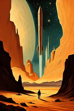 An oil painting in the style of the science fiction book covers from the 1960s. A small solitary rocket streaks across the picturesque starry sky, traversing the vast desert landscape of sand and rock below. In the distance, mysterious skyscrapers and an exotic city emerge on an undiscovered planet.