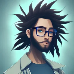 teen boy with dreadlocks, beard and glasses in anime style