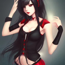 A lovely woman, An anime girl, black long hair, red eyes, red horns, black crop top, black shorts