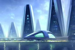 Futuristic buildings, concept art, impressionism influence, realistic painting