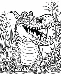 create a 2d black outline, "safari smiling cartoon crocodile coloring book for kids", coloring page, low details design, black contour, coloring page design, simple background, colorful , card style, coloring page for kids, white background, sketch style, safari landscape, cartoon style