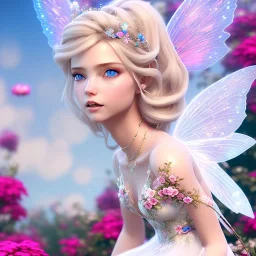 cute fantasy fairy with transparent wings, smiling, blue eyes, long platinum blond hair with crown and flowers, pink dress, unreal engine