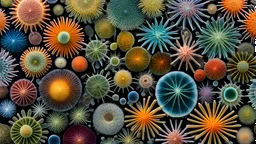 A detailed colourful photomicrograph of a variety of diatoms, the microscopic algae with beautifully intricate silica shells. The image highlights their diverse shapes and patterns, ranging from circular and star-shaped to elongated and complex. Beautiful award-winning photograph, inspiring, rule of thirds, balanced delightful composition, perfect lighting, superb detail, 16k render